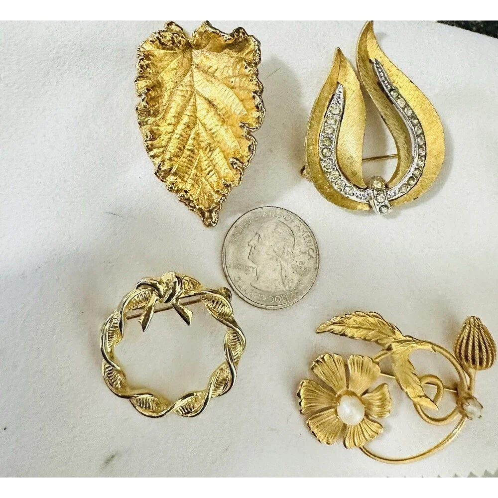 Vintage Gold Tone Brooch Lot of 4 Napier JJ Floral Leaf Rhinestone Faux Pearl